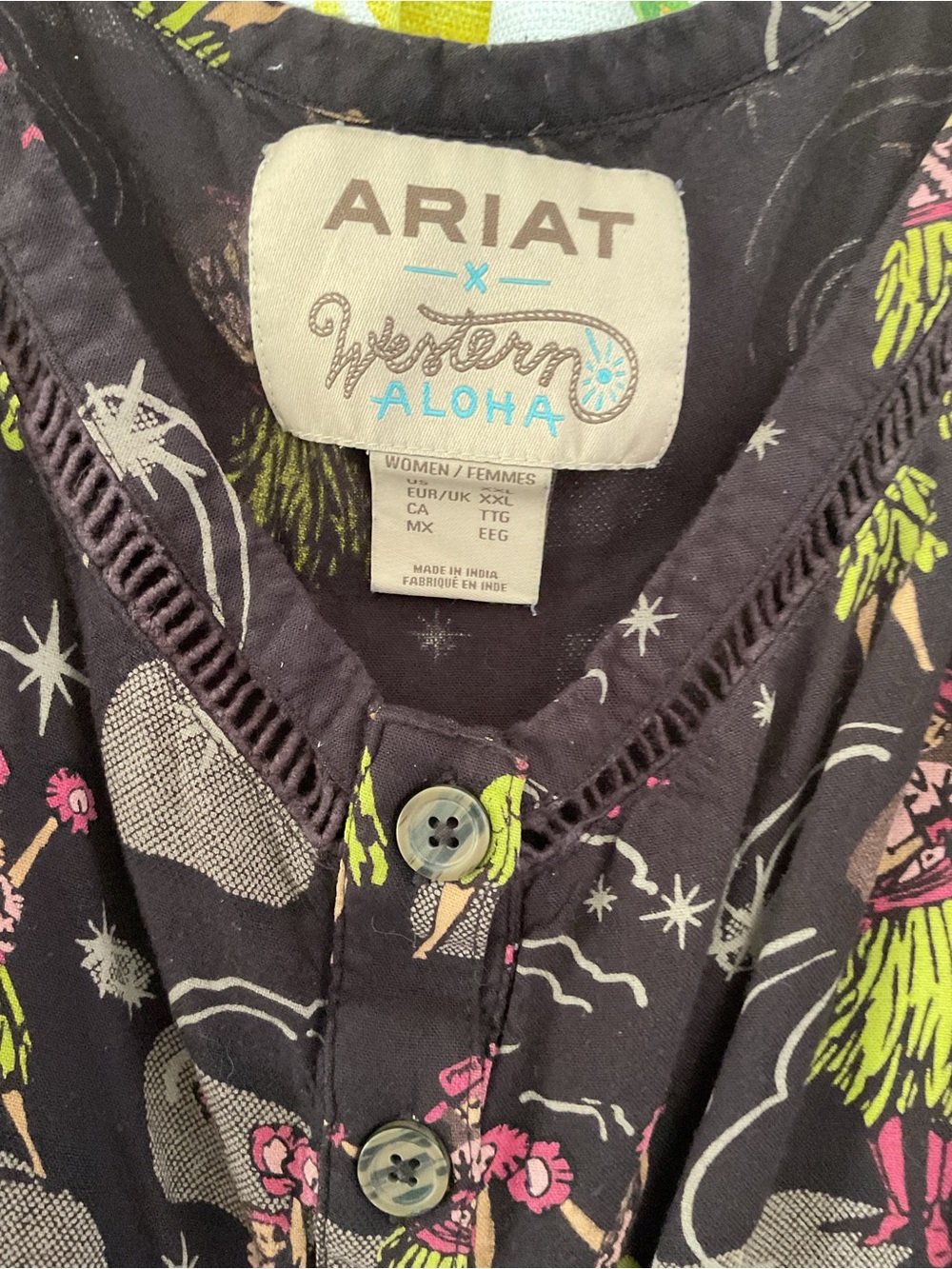 Ariat Black Button-Front Western Aloha Top with Pink & Lime Floral Print